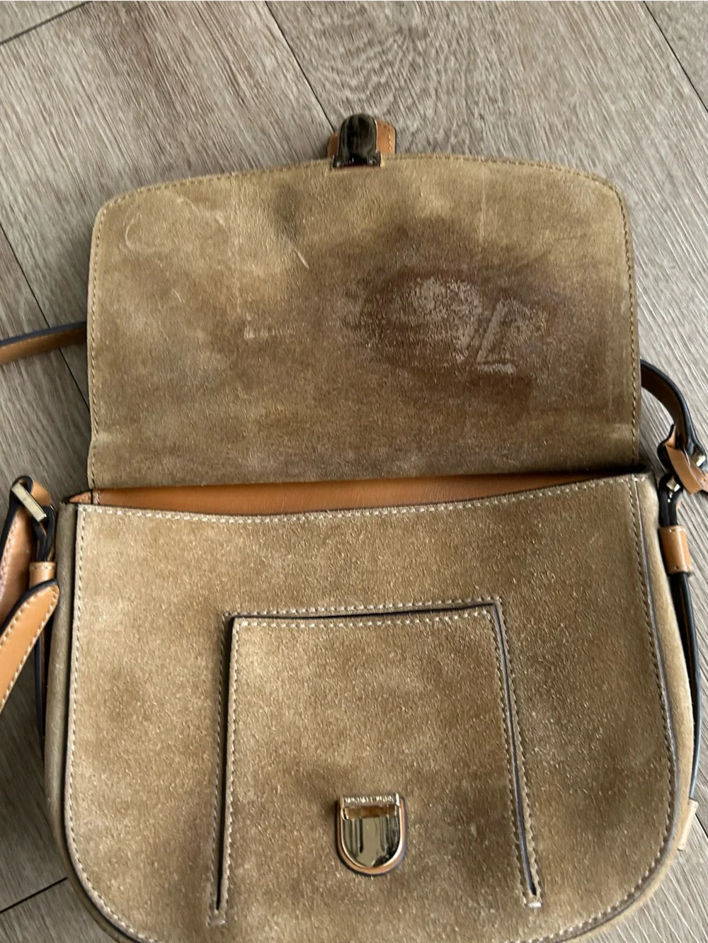Classic Brown Suede Crossbody Bag with Tan Trim